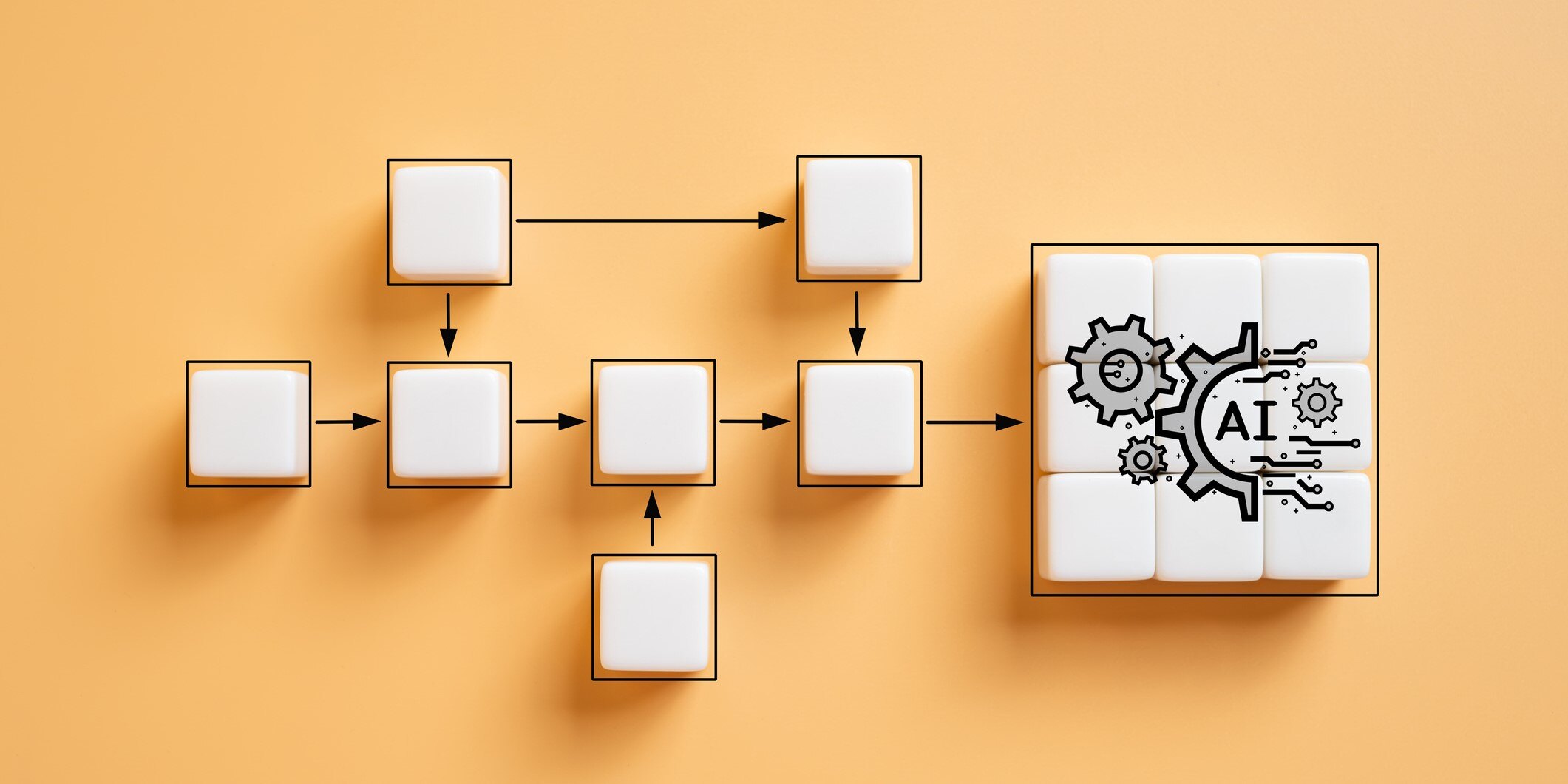 Cube blocks of wood make up a workflow diagram. Then an arrow points to the letters AI photo represents using AI for process optimization